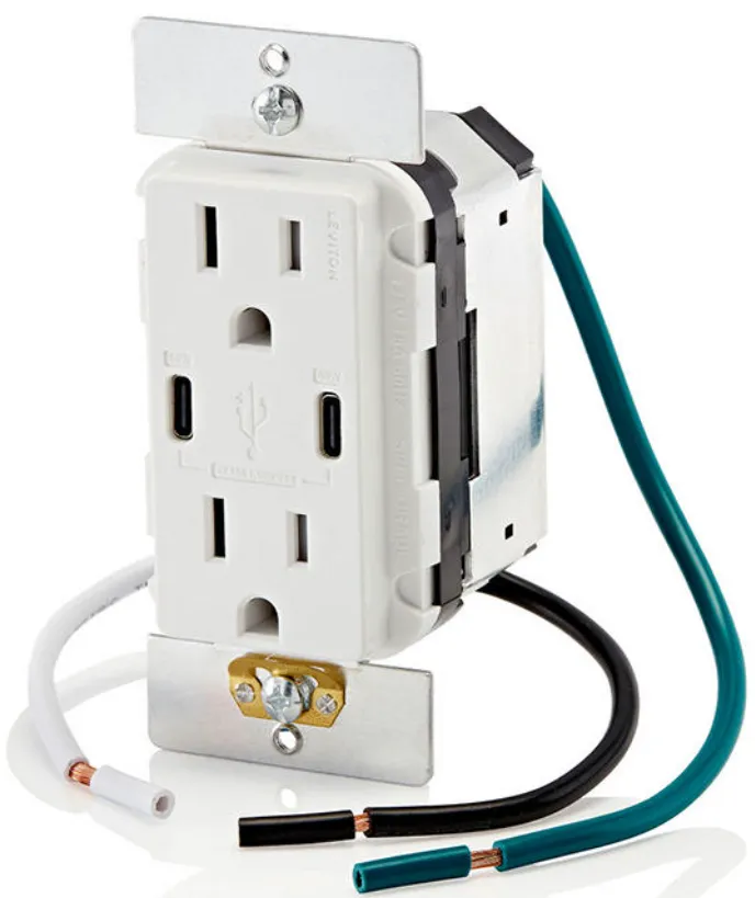 CARGADOR 2 USB TIPO C/C DE ALTA POTENCIA 
 CON-POWER DELIVERY DE 60W 6A Y DÚPLEX TAMPER 
 RESISTANT 15A - 125V~, BLANCO ID:T5636-00W