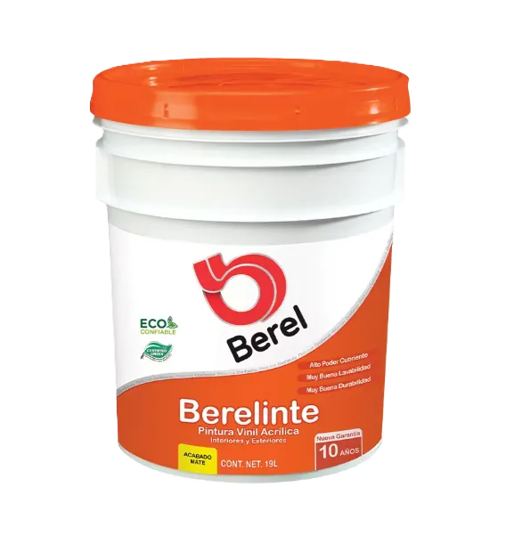 BERELINTE, 19 LT, COLOR BLANCO, PINTURA VINIL-ACRÍLICA, BASE AGUA, ACABADO MATE, GARANTÍA DE 10 AÑOS, 32 COLORES DE LIÍNEA, COLORES MULTITONO, ALTA RESISTENCIA AL EXTERIOR, RESISTENCIA A LA ALCALINIDAD, IDEAL PARA ESPACIOS SUSCEPTIBLES AL MANCHADO Y QUE SE REQUIERA GRAN LAVABILIDAD, RENDIMIENTO 8-10 M²/L.