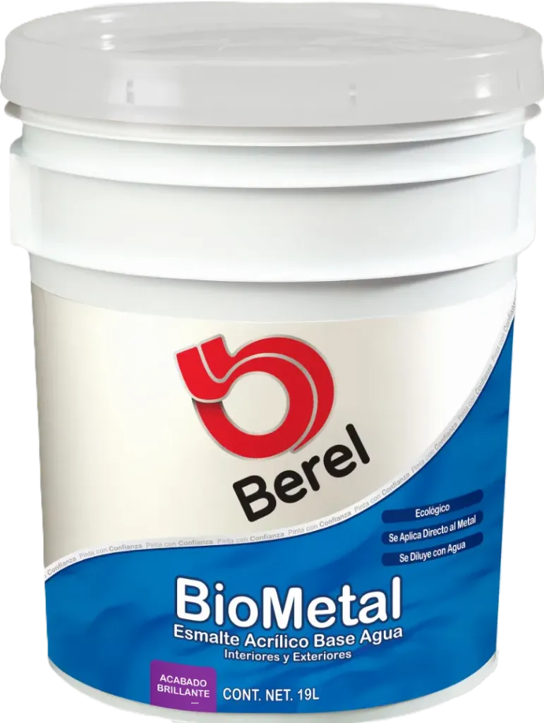 [PARM-703] BIOMETAL, 19 LTS, ESMALTE ACRÍLICO, BASE AGUA, ACABADO BRILLANTE, IDEAL PARA   ÁREAS EN DONDE SE REQUIERA UN PRODUCTO ECOLÓGICO, LIBRE DE   OLOR A SOLVENTES, DE ALTO BRILLO Y LARGA DURACIÓN, SE PUEDE   APLICAR SOBRE SUPERFICIES DE FIERRO O MADERA,   GRAN RESISTENCIA AL EXTERIOR, RENDIMIENTO 6-8 M²/L.
