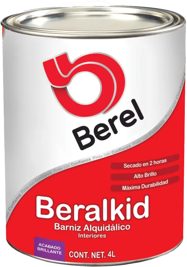 BARNIZ BERALKID 1400, 4 LTS, BARNIZ ALQUIDÁLICO TRANSPARENTE, DE EXCELENTE BRILLO Y GRAN DURACIÓN. ES FÁCIL DE APLICAR, TIENE UN EXCELENTE NIVELADO Y DUREZA. ESTE BARNIZ NO CONTIENE PLOMO, RENDIMIENTO (A 2 MANOS) 8 - 10 m²/L.