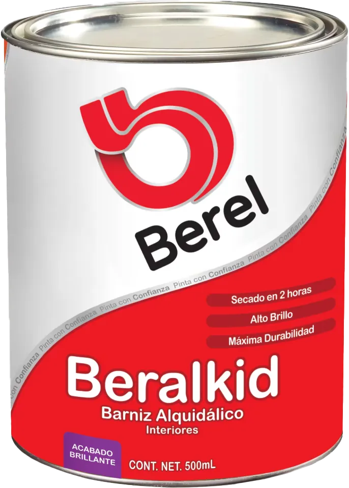 BARNIZ BERALKID 1400, 500 ML, BARNIZ ALQUIDÁLICO TRANSPARENTE, DE EXCELENTE BRILLO Y GRAN DURACIÓN. ES FÁCIL DE APLICAR, TIENE UN EXCELENTE NIVELADO Y DUREZA. ESTE BARNIZ NO CONTIENE PLOMO, RENDIMIENTO (A 2 MANOS) 8 - 10 m²/L.