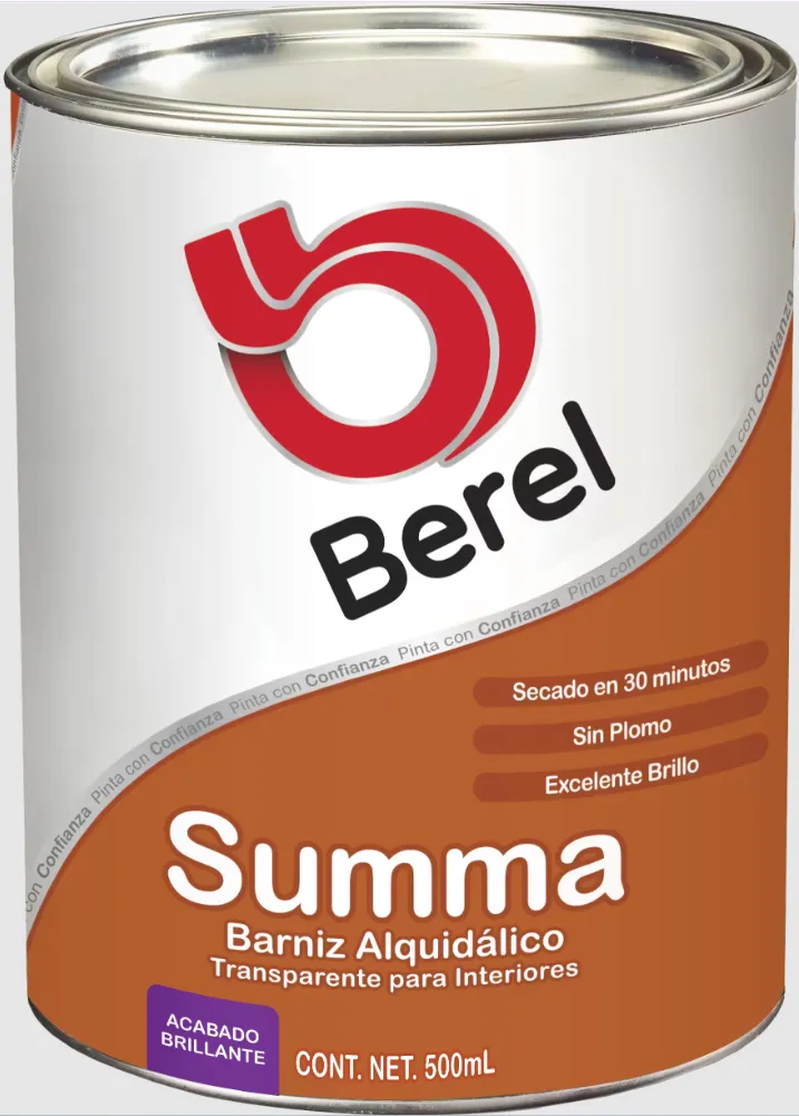 BARNIZ  BRILLANTE SUMMA, 500 ML, BARNIZ ALQUIDÁLICO, SEMITRANSPARENTE, SECA EN 30 MINUTOS, RENDIMIENTO (A 2 MANOS) 7 - 9 M²/L.