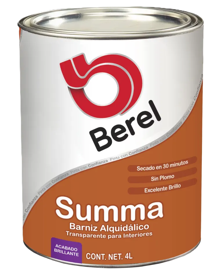 BARNIZ  BRILLANTE SUMMA, 4 LTS, BARNIZ ALQUIDÁLICO, SEMITRANSPARENTE, SECA EN 30 MINUTOS, RENDIMIENTO (A 2 MANOS) 7 - 9 M²/L.